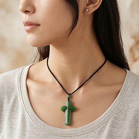 Green Jadeide Carved Cross Adjustable Necklace (Size - 28)