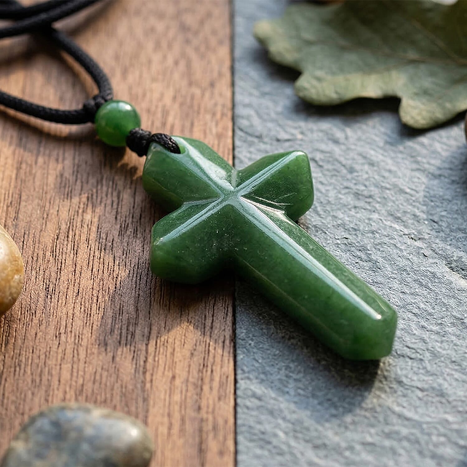 Enhanced Green Jade Carved Cross Adjustable Necklace (Size - 28) 35.00 Ct.