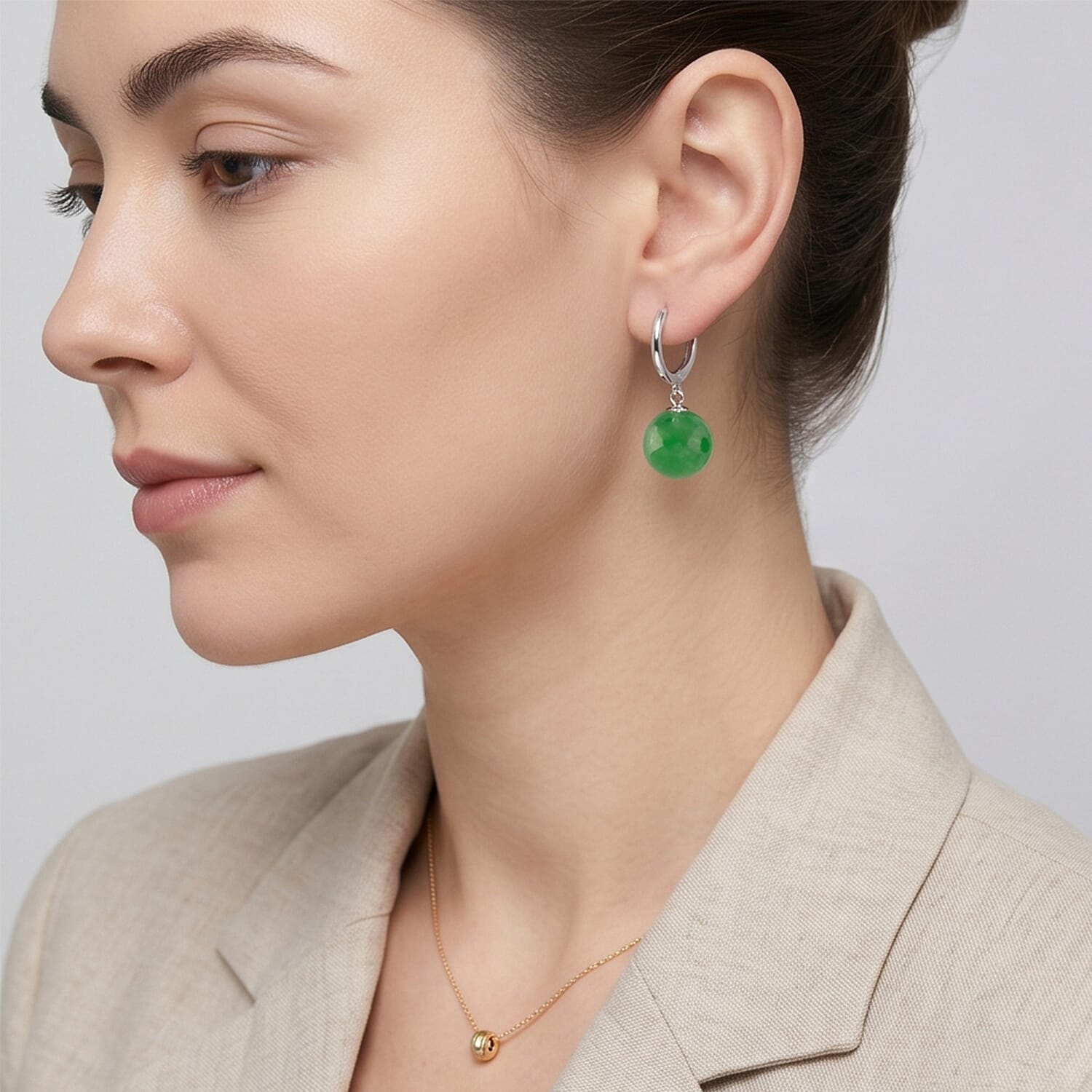 D'Joy Green Jadeite Beads Hoop Earring in Rhodium Overlay Sterling Silver 28.35 Ct.