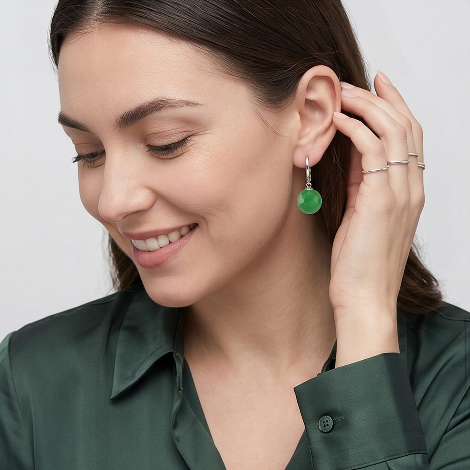 D'Joy Green Jadeite Beads Hoop Earring in Rhodium Overlay Sterling Silver 28.35 Ct.