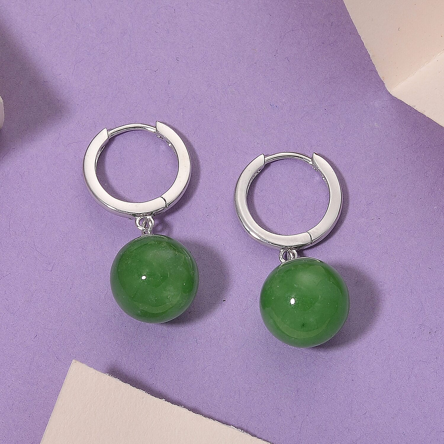 D'Joy Enhanced Green Jade Beads Hoop Earring in Rhodium Overlay Sterling Silver 28.35 Ct.