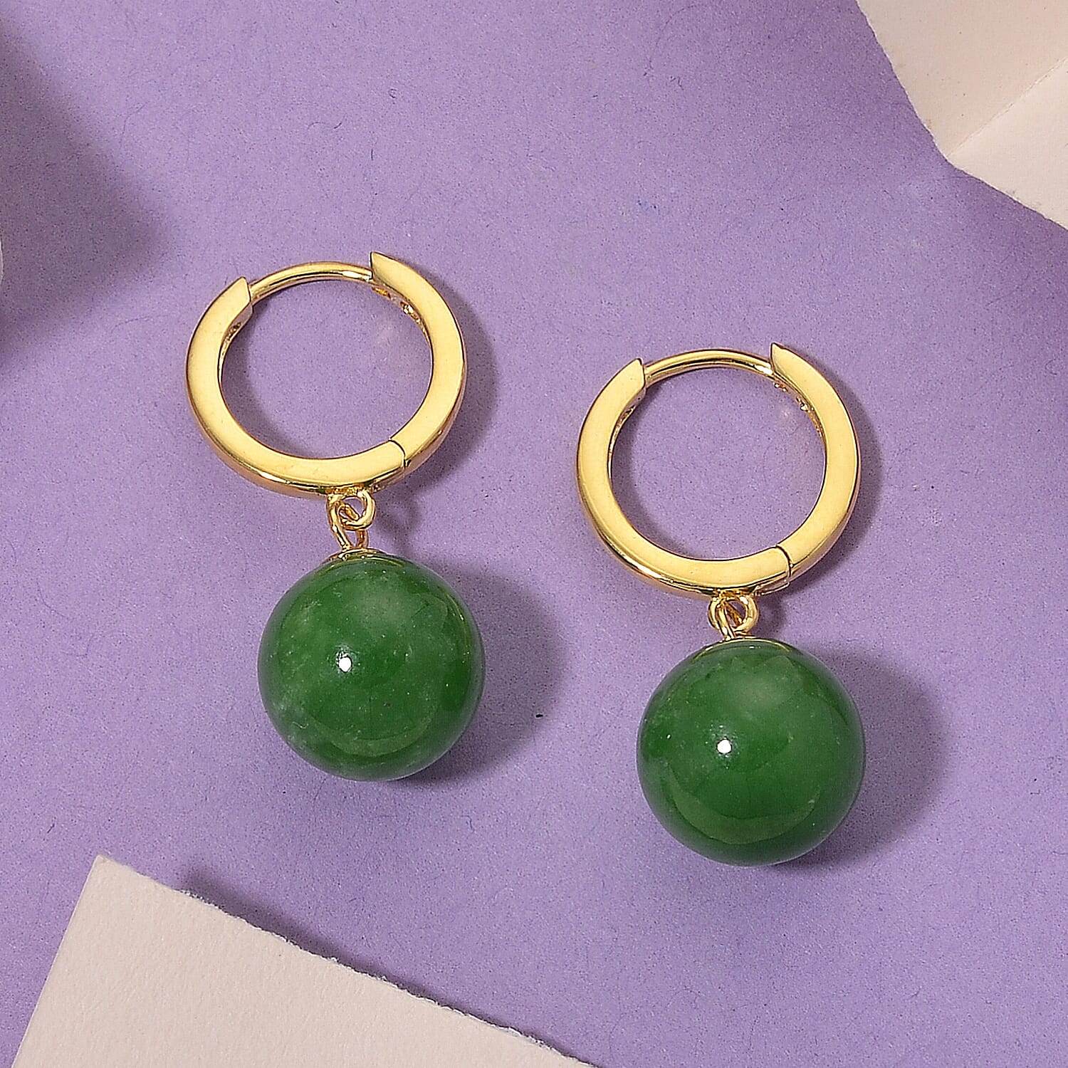 D'Joy Enhanced Green Jade Beads Hoop Earring in Yellow Gold Plated Sterling Silver 28.35 Ct.