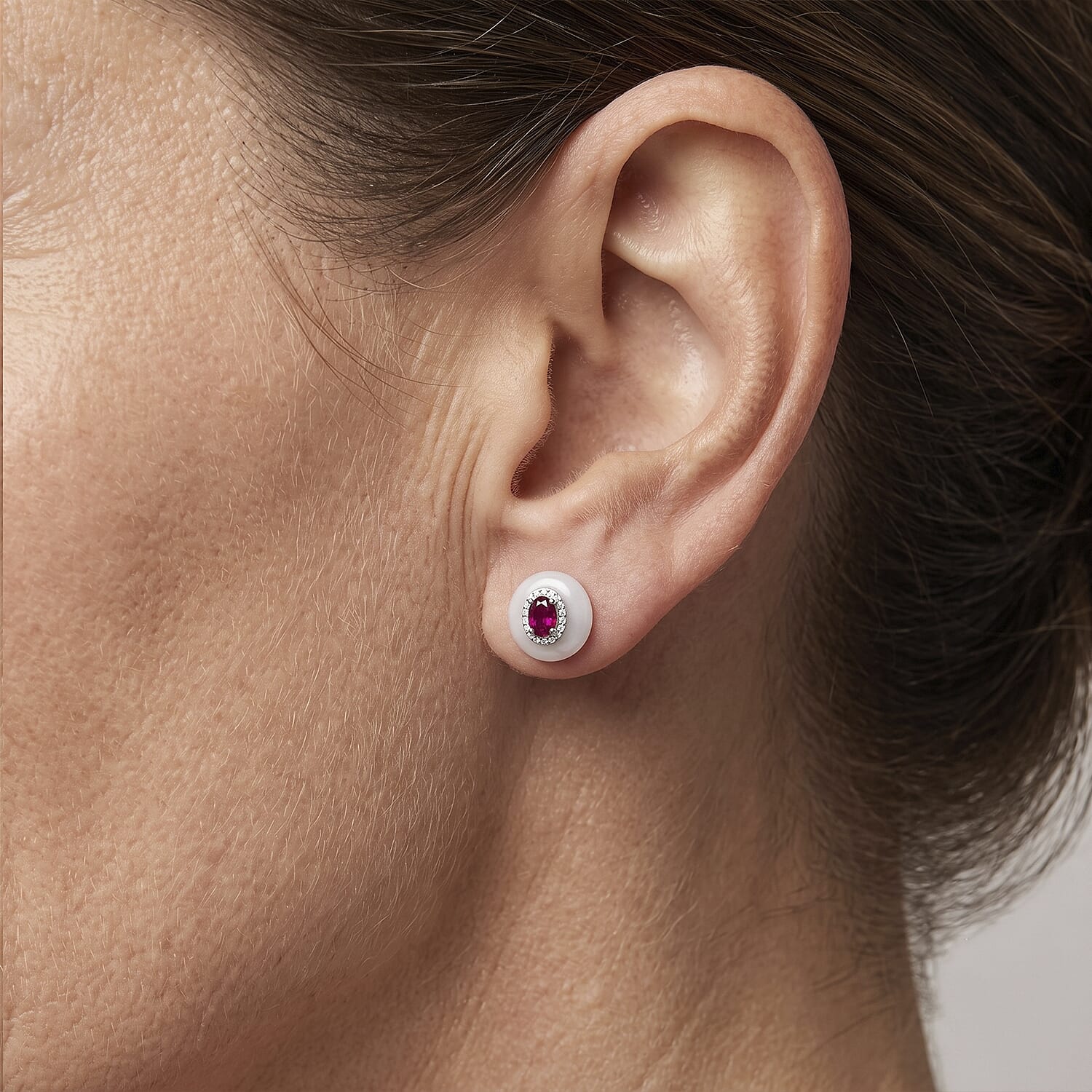 D'Joy - Dyed White Jade, Fissure Filled Ruby & White Zircon Push Post Earring in Rhodium Overlay Sterling Silver 16.14 Ct.