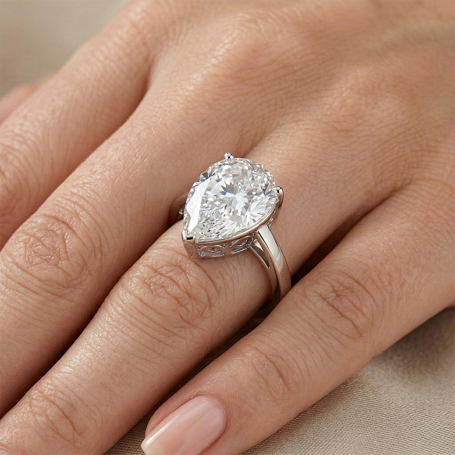 THE 10CT RADIANCE - Moissanite Pear Cut (10ct) Solitaire Ring in Rhodium Overlay Sterling Silver