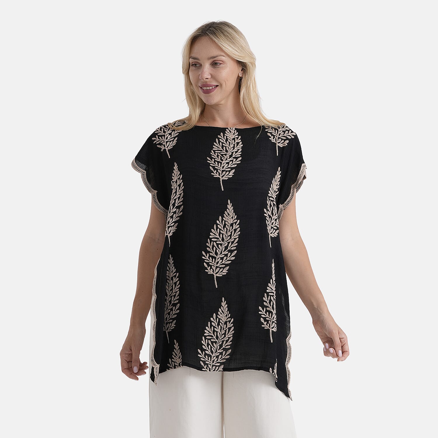 La Marey Botanical Embroidered Tunic Top (One Size) - Black