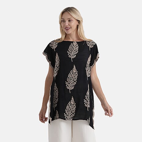 La Marey Botanical Embroidered Tunic Top (One Size) - Black