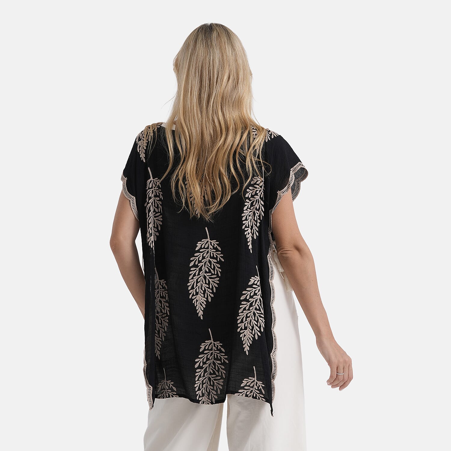 La Marey Botanical Embroidered Tunic Top (One Size) - Black
