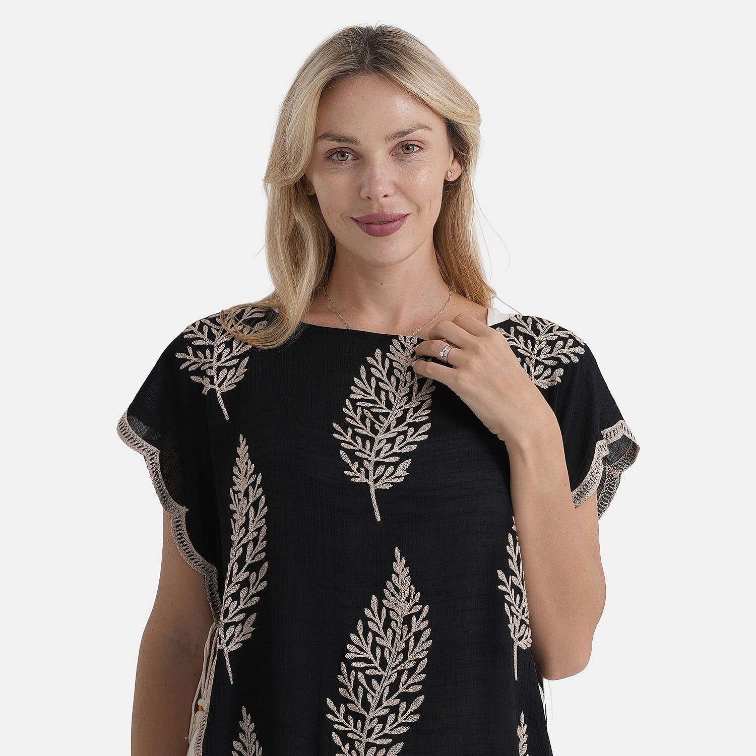 La Marey Botanical Embroidered Tunic Top (One Size) - Black