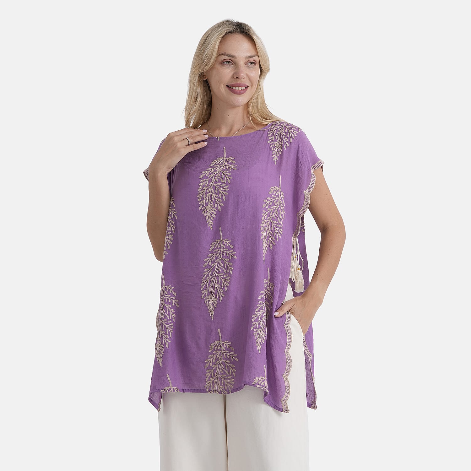 La Marey Botanical Embroidered Tunic Top (One Size) - Purple