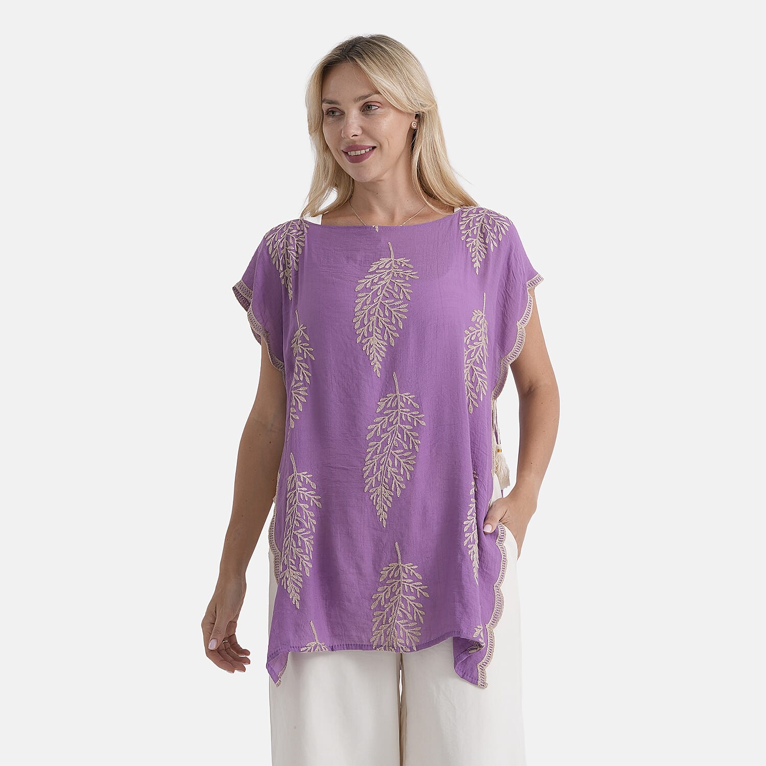 La Marey Botanical Embroidered Tunic Top (One Size) - Purple