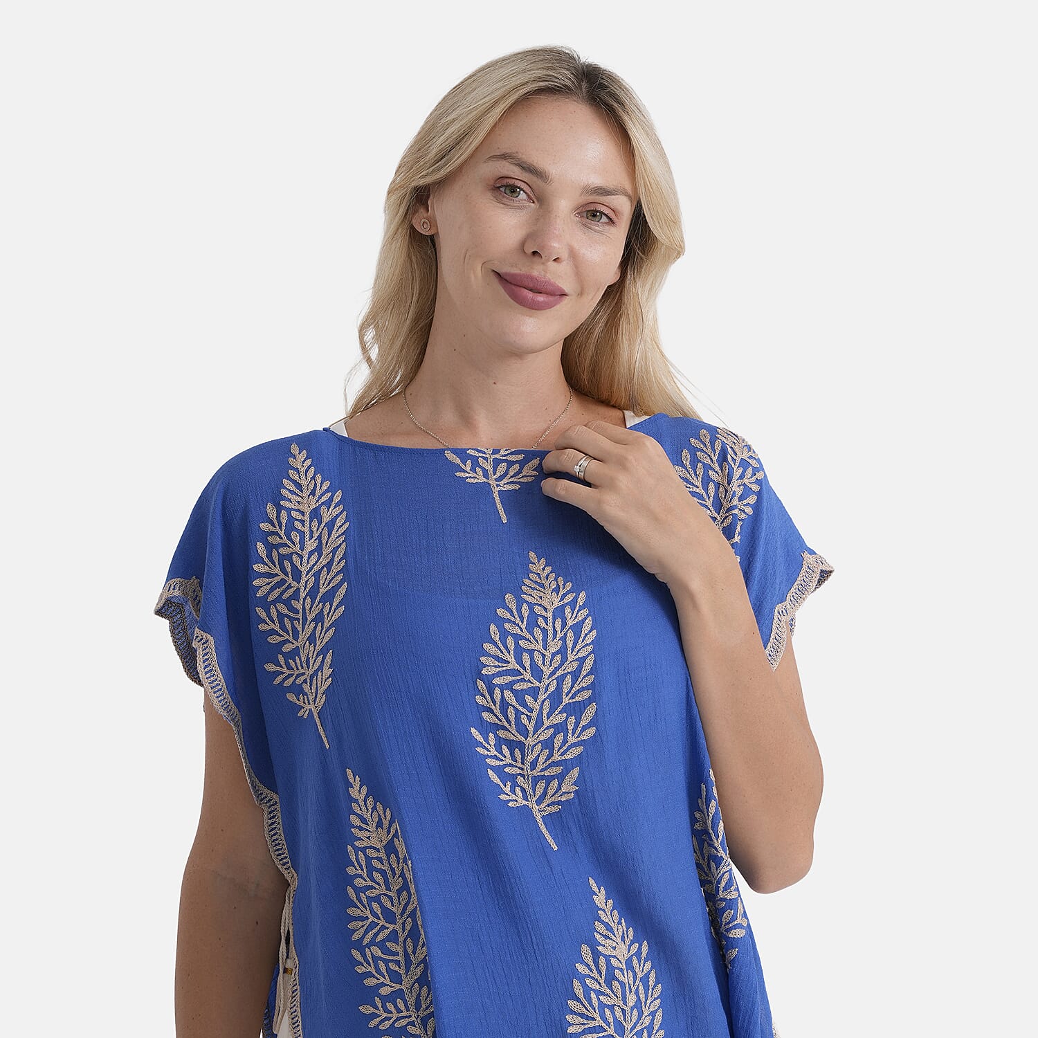 La Marey Botanical Embroidered Top (One Size) - Blue