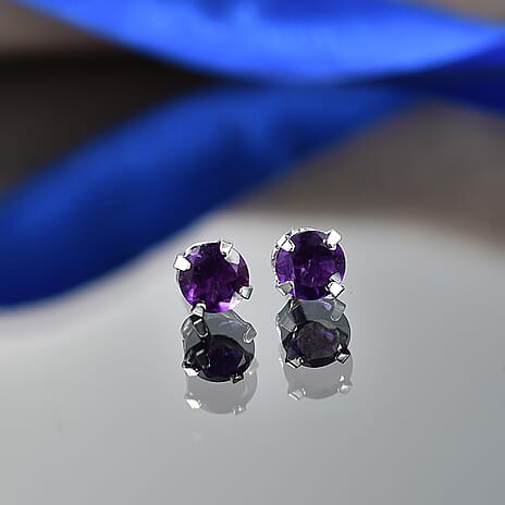African Amethyst Solitaire Earring with Push Back in Platinum Overlay Sterling Silver