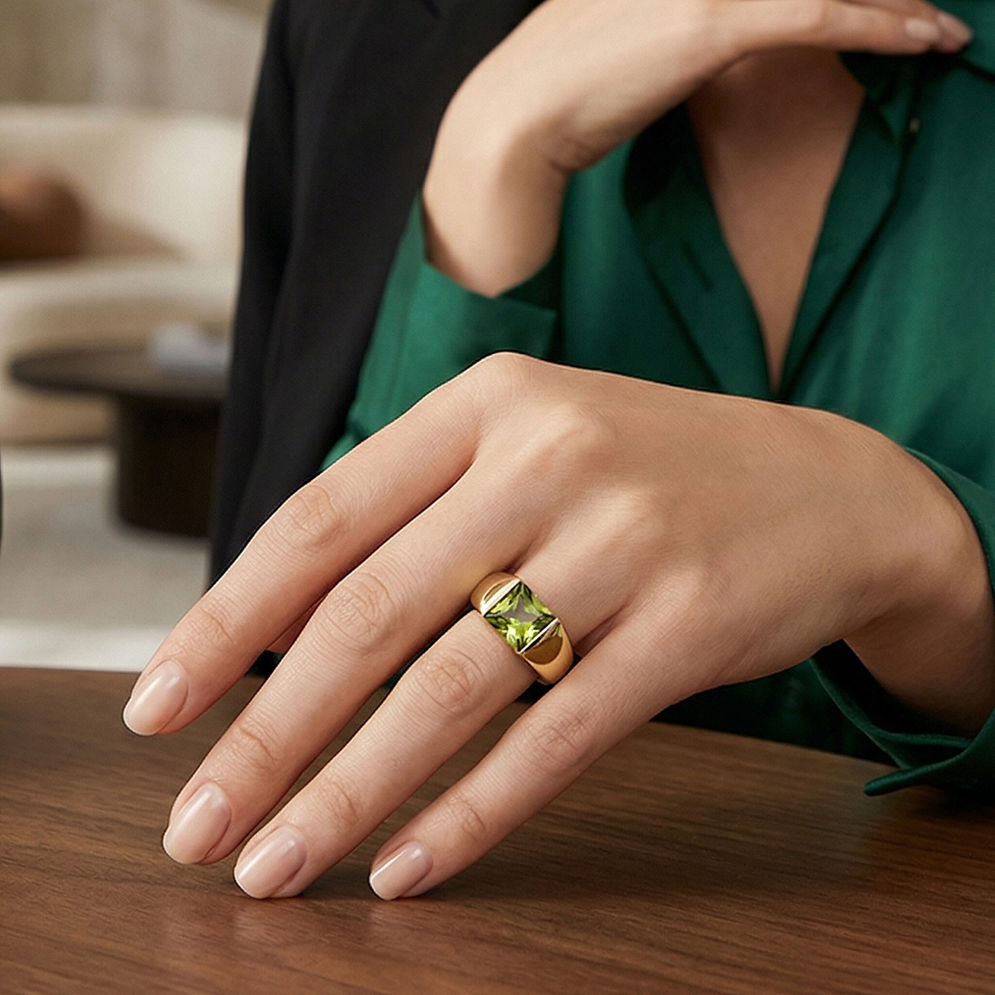 EverTrue - Green Cubic Zirconia Solitaire Band Ring in Yellow Gold Tone in 1.74 Ct.