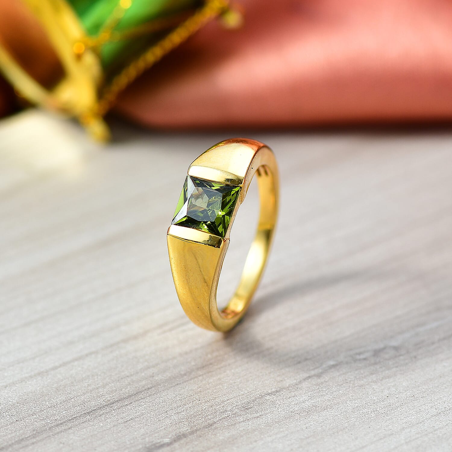 EverTrue - Green Cubic Zirconia Solitaire Band Ring in Yellow Gold Tone in 1.74 Ct.