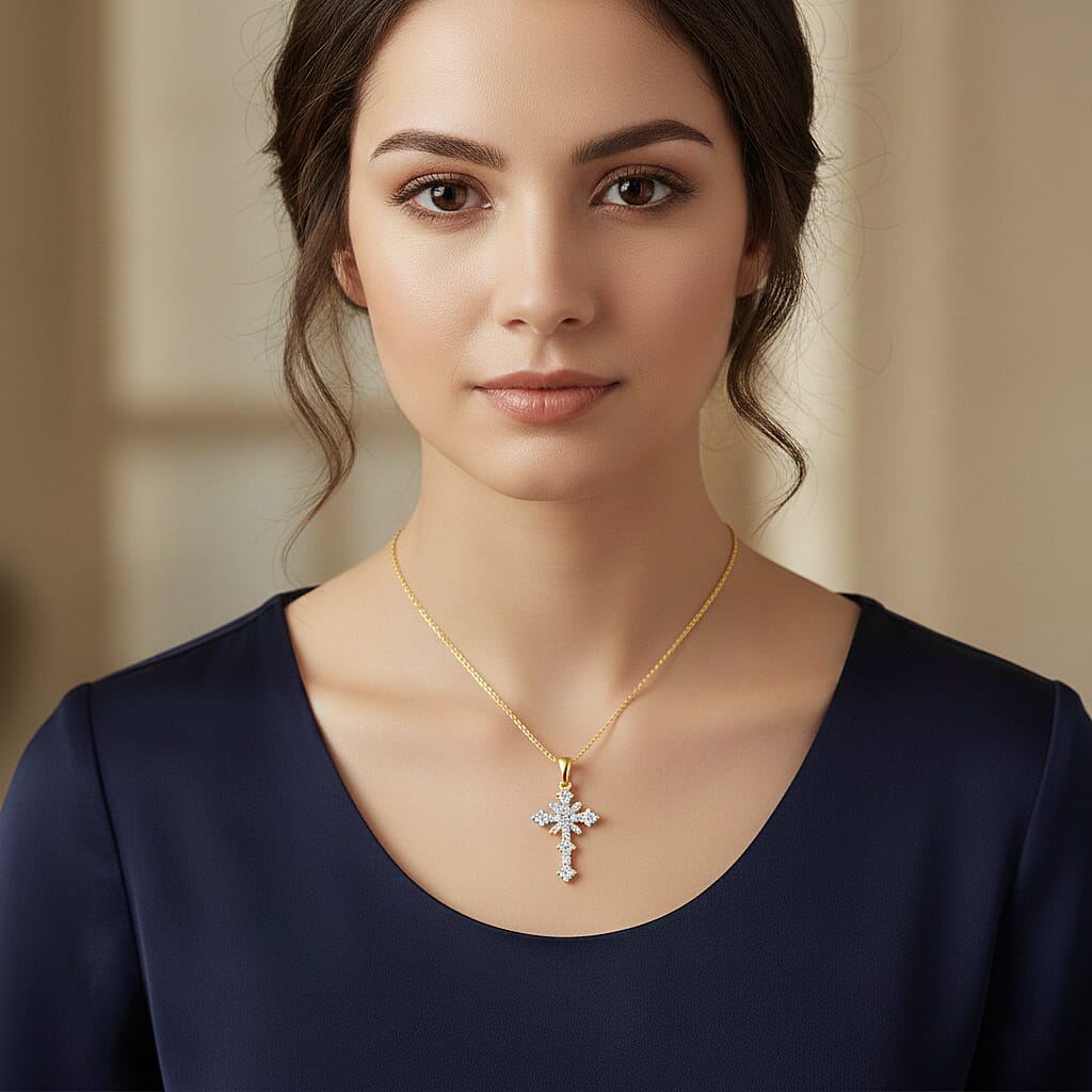 Luxuriant SI-G-H Lab Grown Diamond Cross Pendant in 18K Vermeil Yellow Gold Plated Sterling Silver