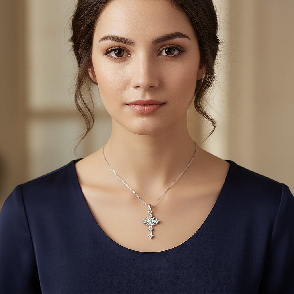 Luxuriant SI-G-H Lab Grown Diamond Cross Pendant in Rhodium Overlay Sterling Silver