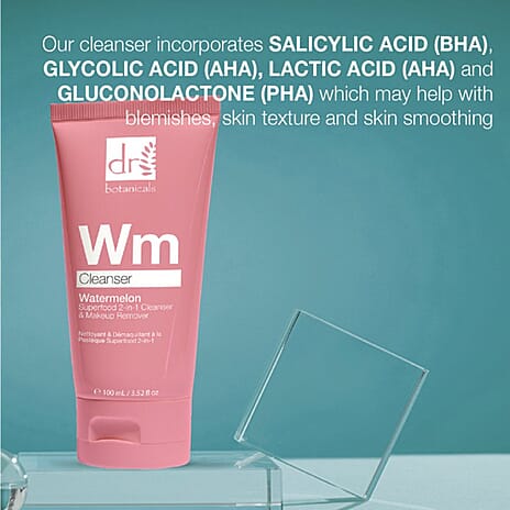 Dr Botanicals Watermelon 2-in-1 Cleanser & Makeup Remover with Glycolic Acid, Salicylic Acid and Lactic Acid - 100ml