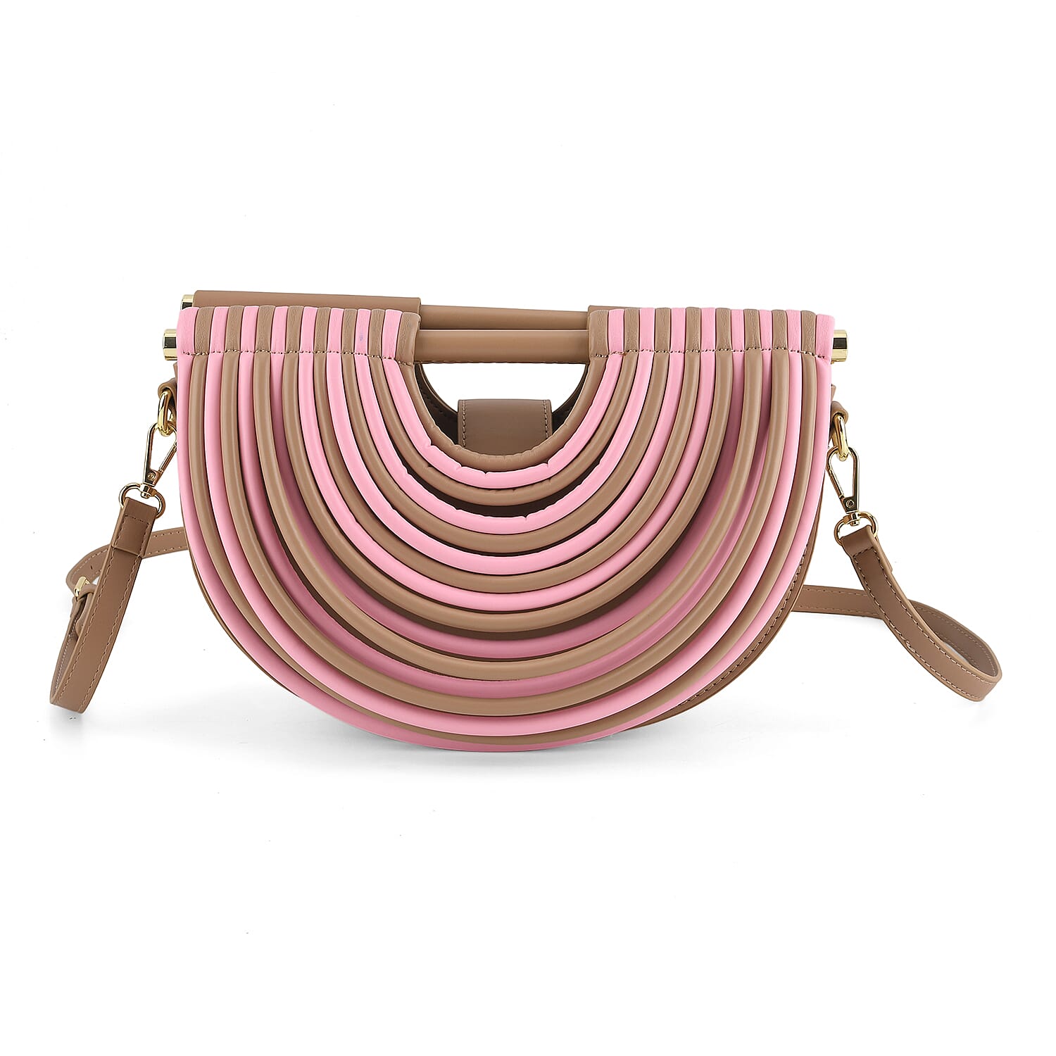 Two-Tone Noodle Designed Clutch Handbag with Shoulder Strap - Pink & Beige
