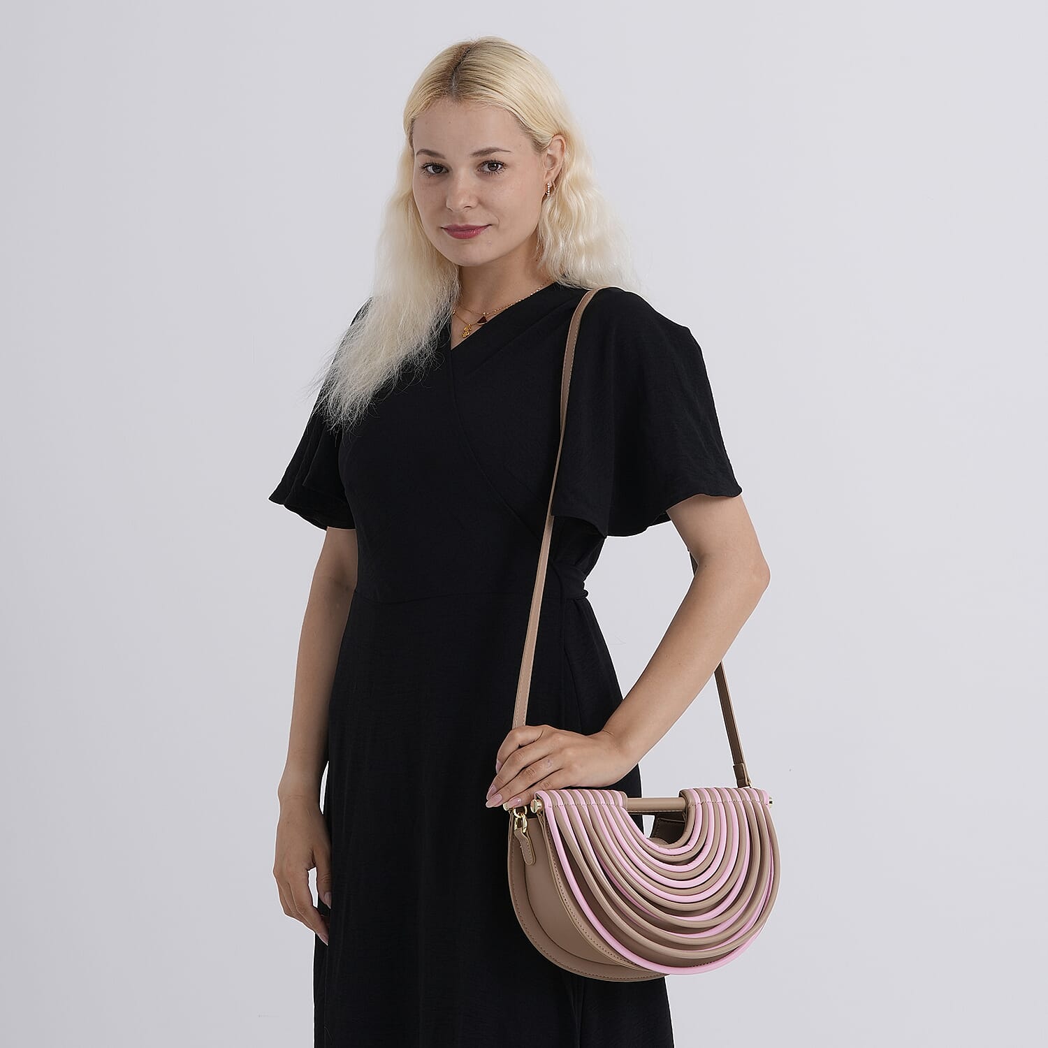 Two-Tone Noodle Designed Clutch Handbag with Shoulder Strap - Pink & Beige