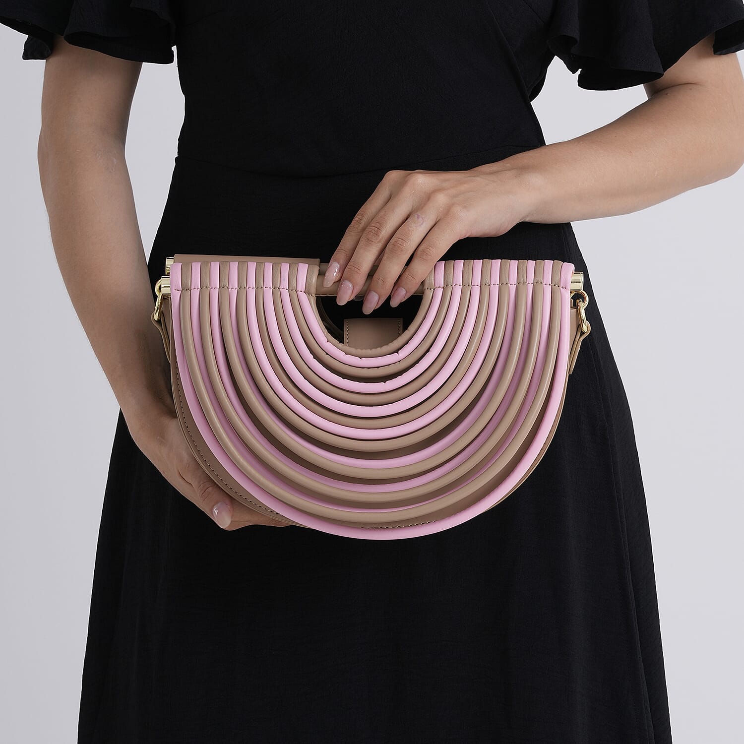 Two-Tone Noodle Designed Clutch Handbag with Shoulder Strap - Pink & Beige
