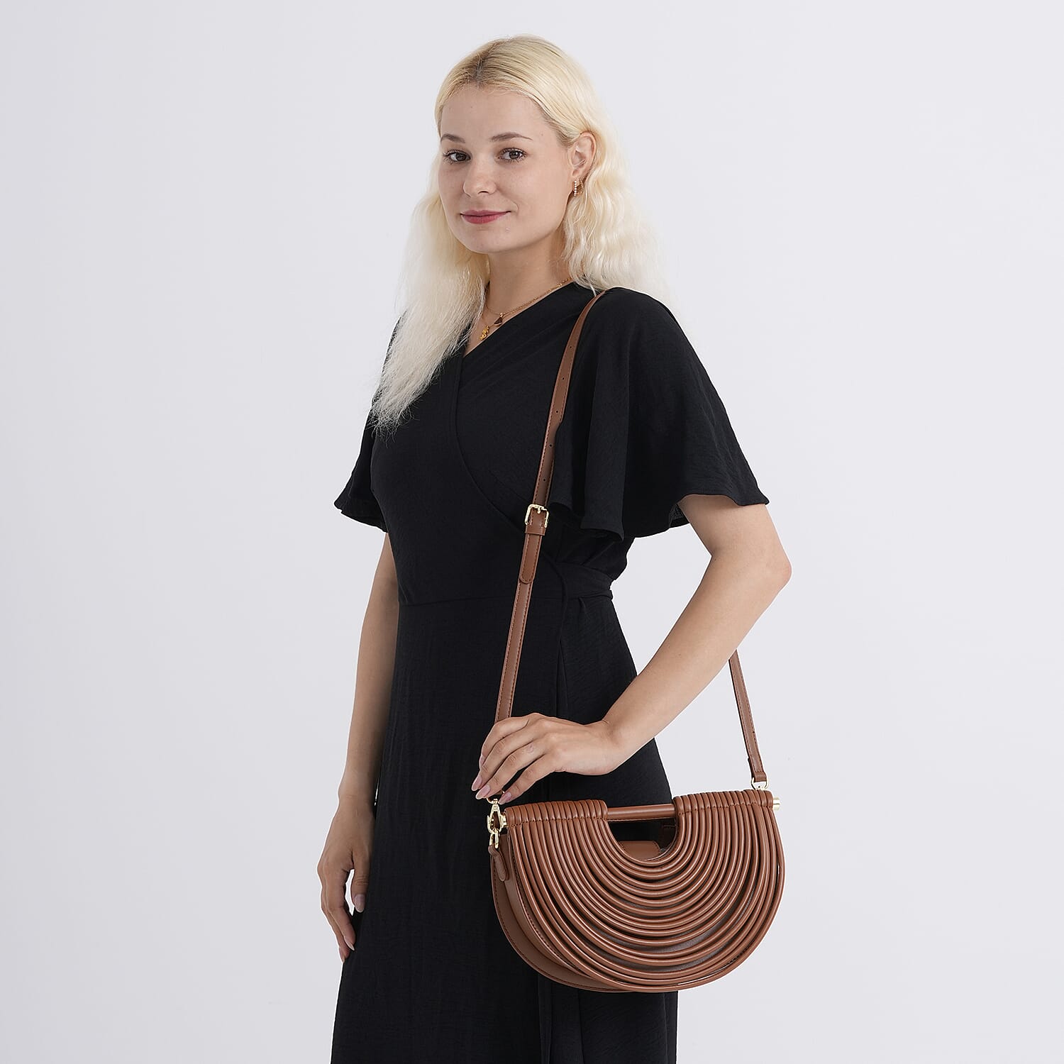 Two-Tone Noodle Designed Clutch Handbag with Shoulder Strap - Tan