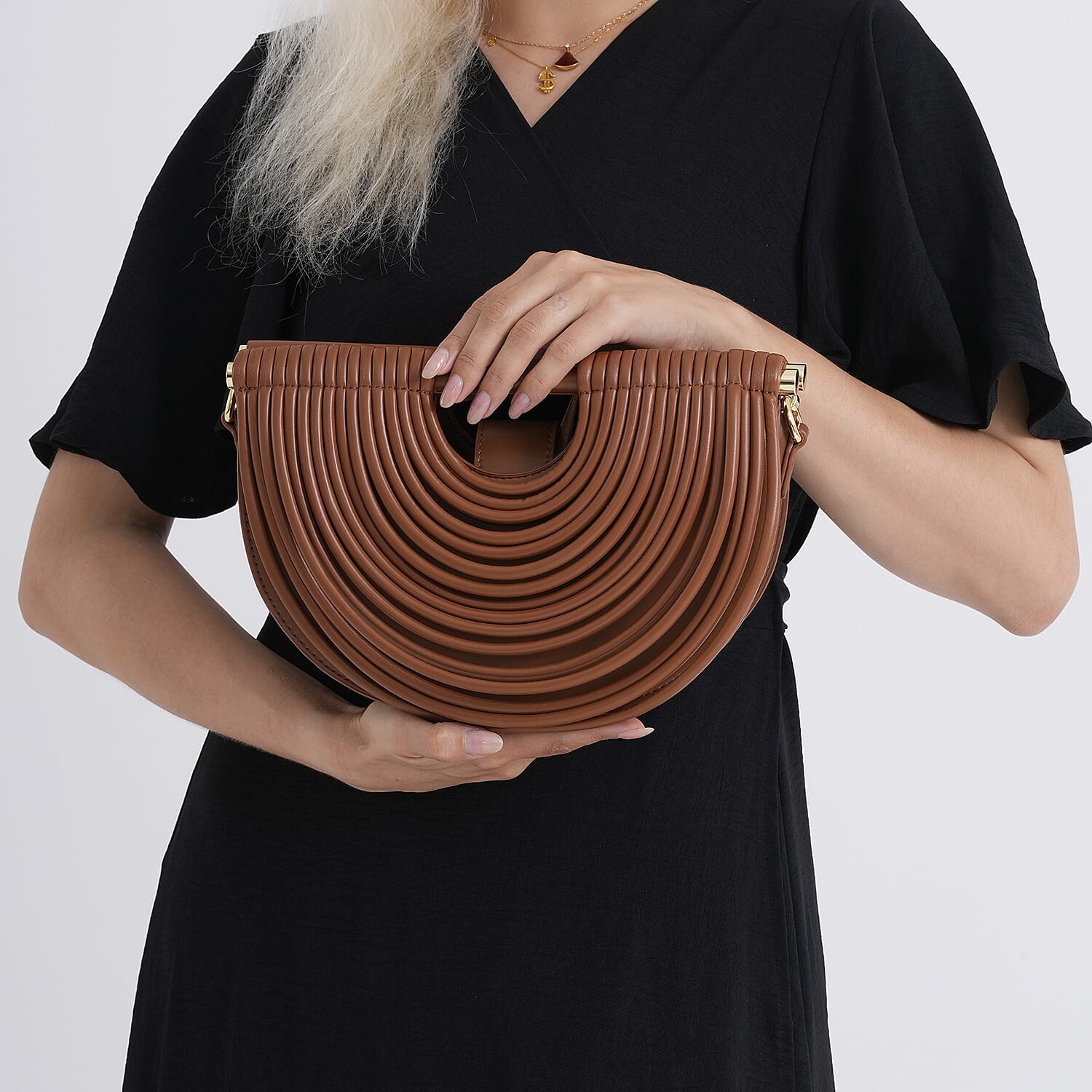 Two-Tone Noodle Designed Clutch Handbag with Shoulder Strap - Tan