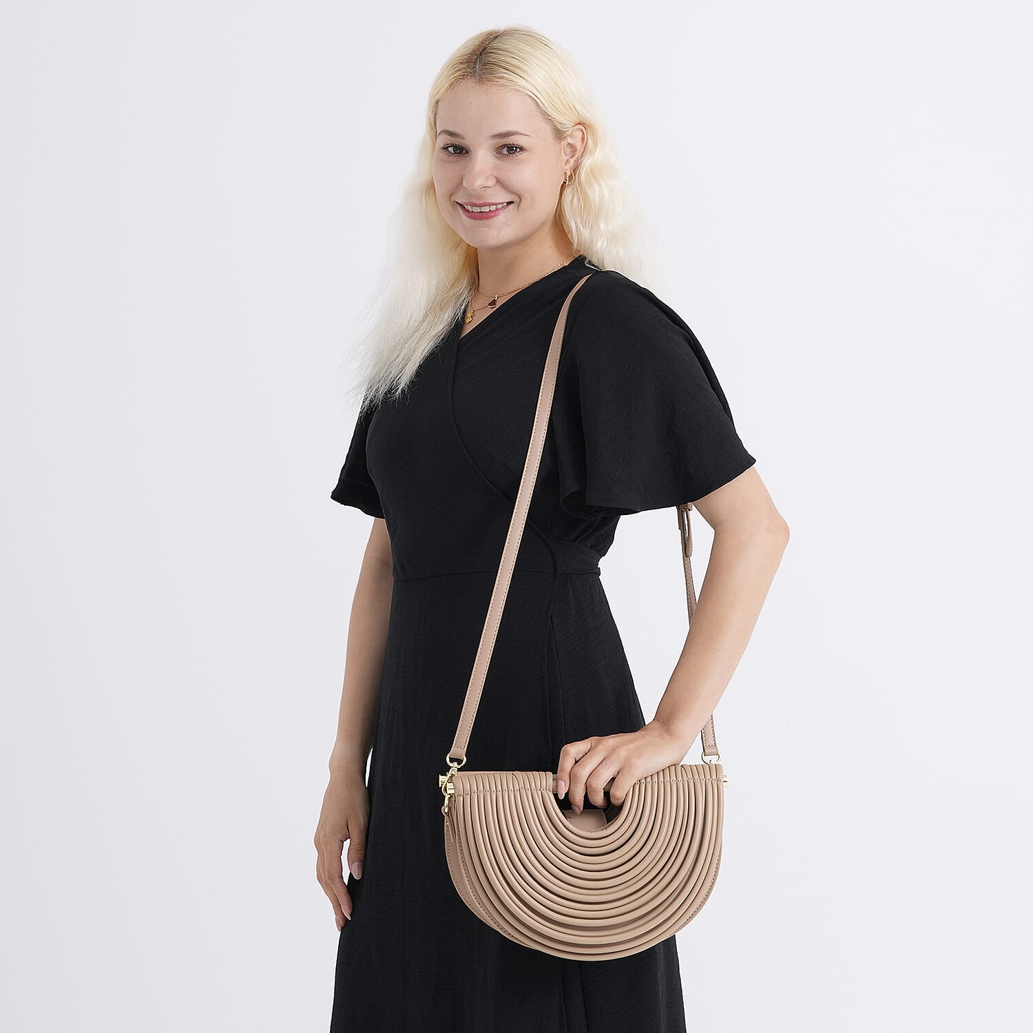Two-Tone Noodle Designed Clutch Handbag with Shoulder Strap - Khaki