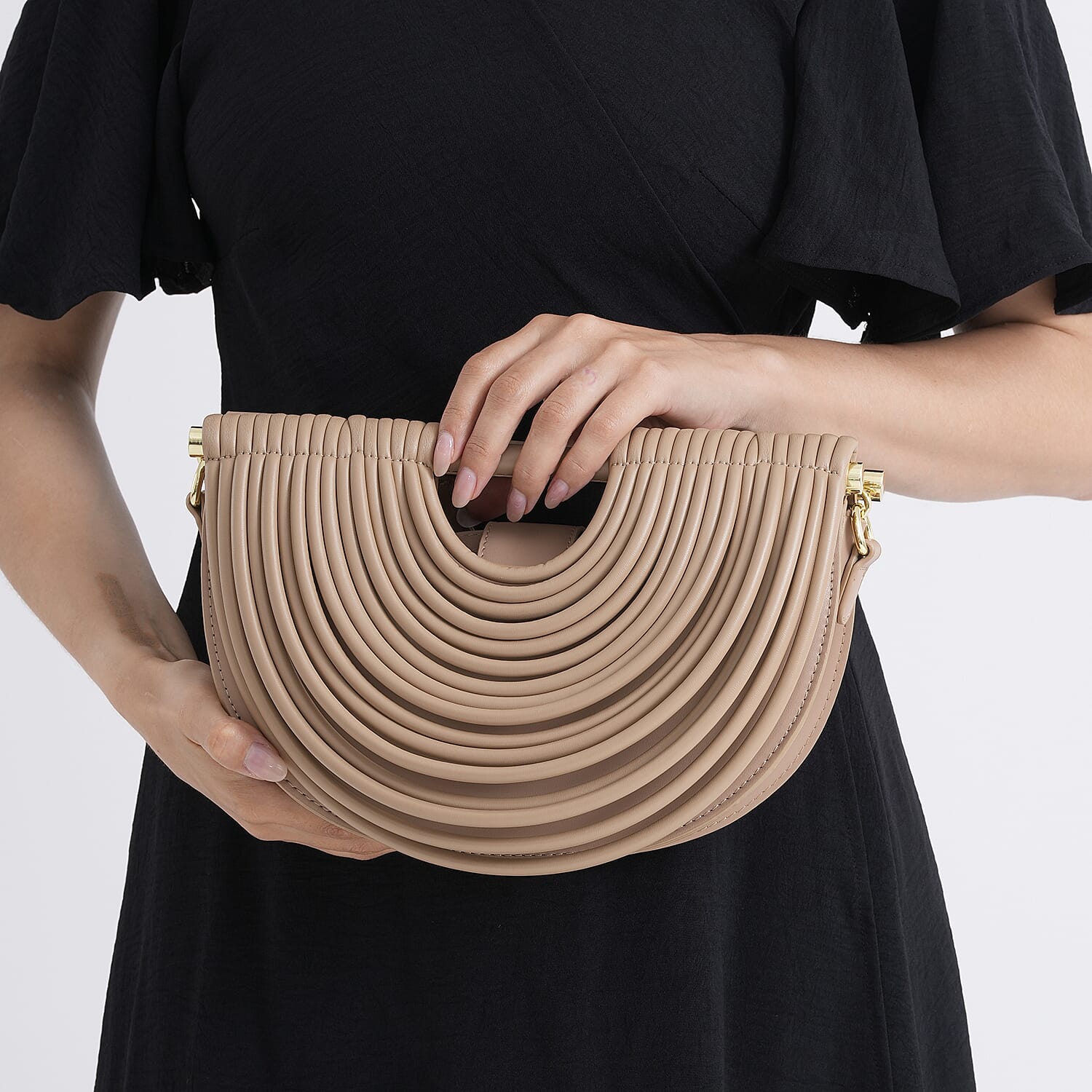 Two-Tone Noodle Designed Clutch Handbag with Shoulder Strap - Khaki