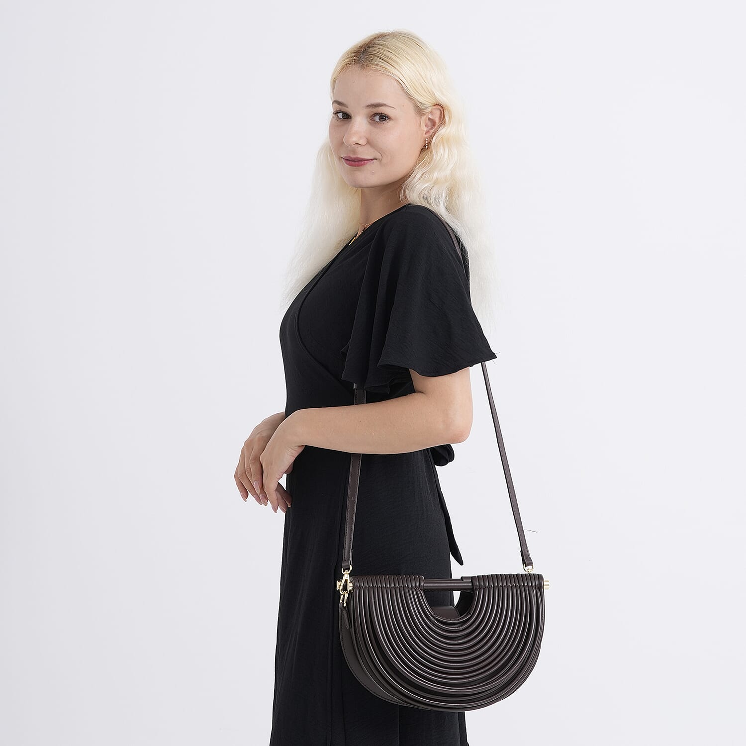 Two-Tone Noodle Designed Clutch Handbag with Shoulder Strap  - Dark Coffee
