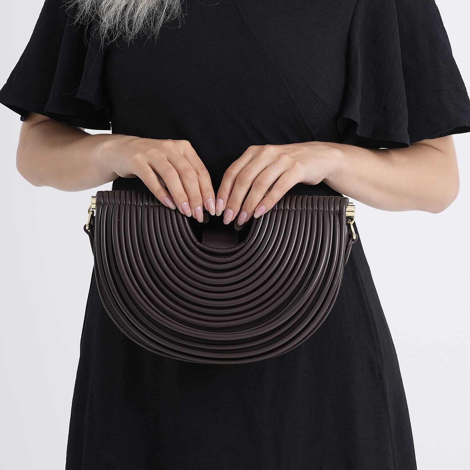 Two-Tone Noodle Designed Clutch Handbag with Shoulder Strap  - Dark Coffee