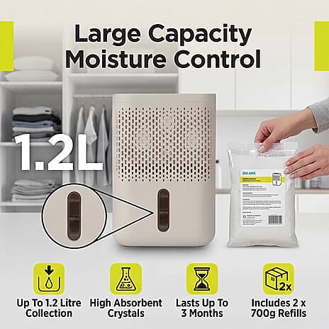 Premium Moisture Absorber White - 1.2L Capacity Dehumidifier with 2 x 700g Refills for Caravans, Cupboards and Bathrooms