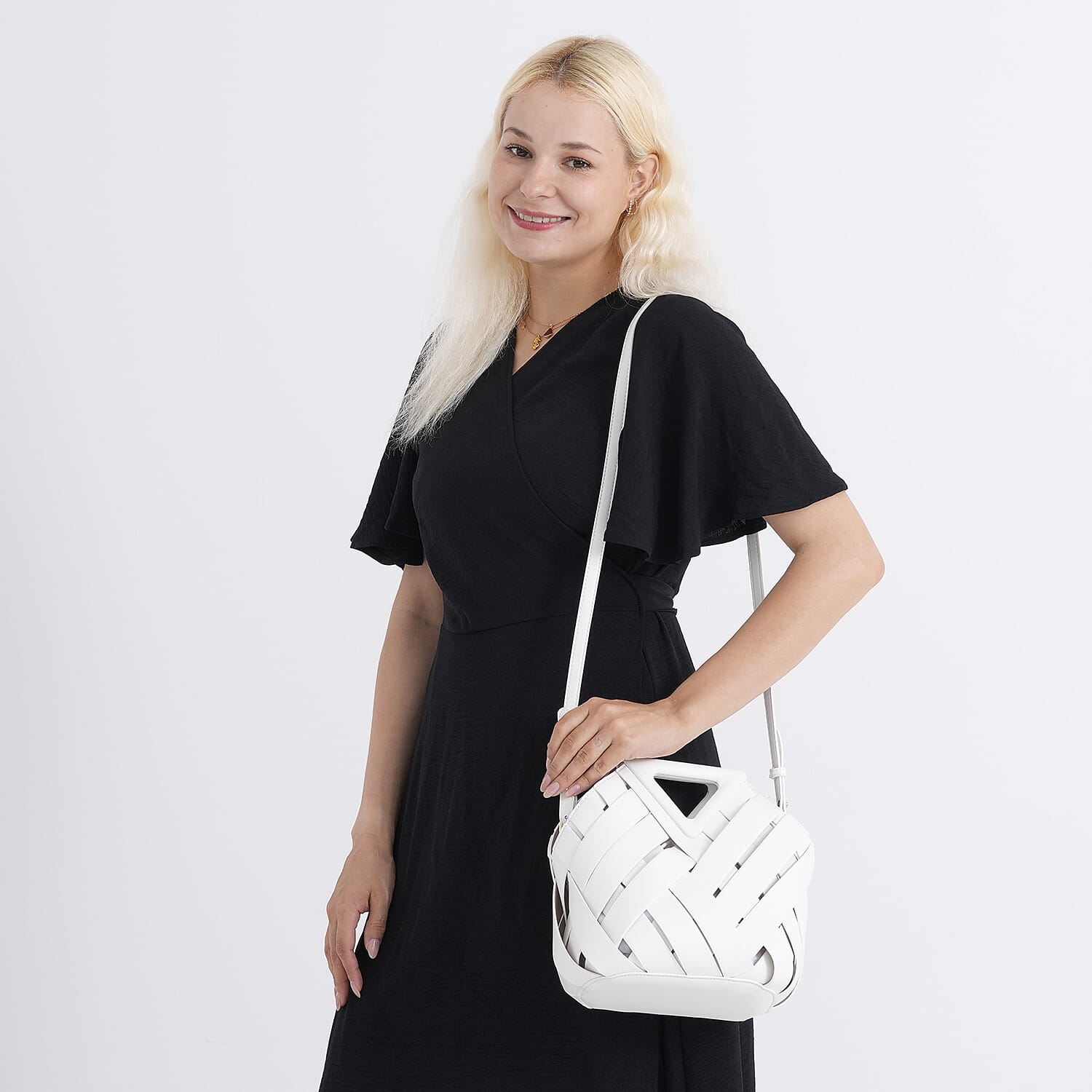 Designer Triangle Handle Clutch Handbag with Removable Pouch & Adjustable Shoulder Strap - White