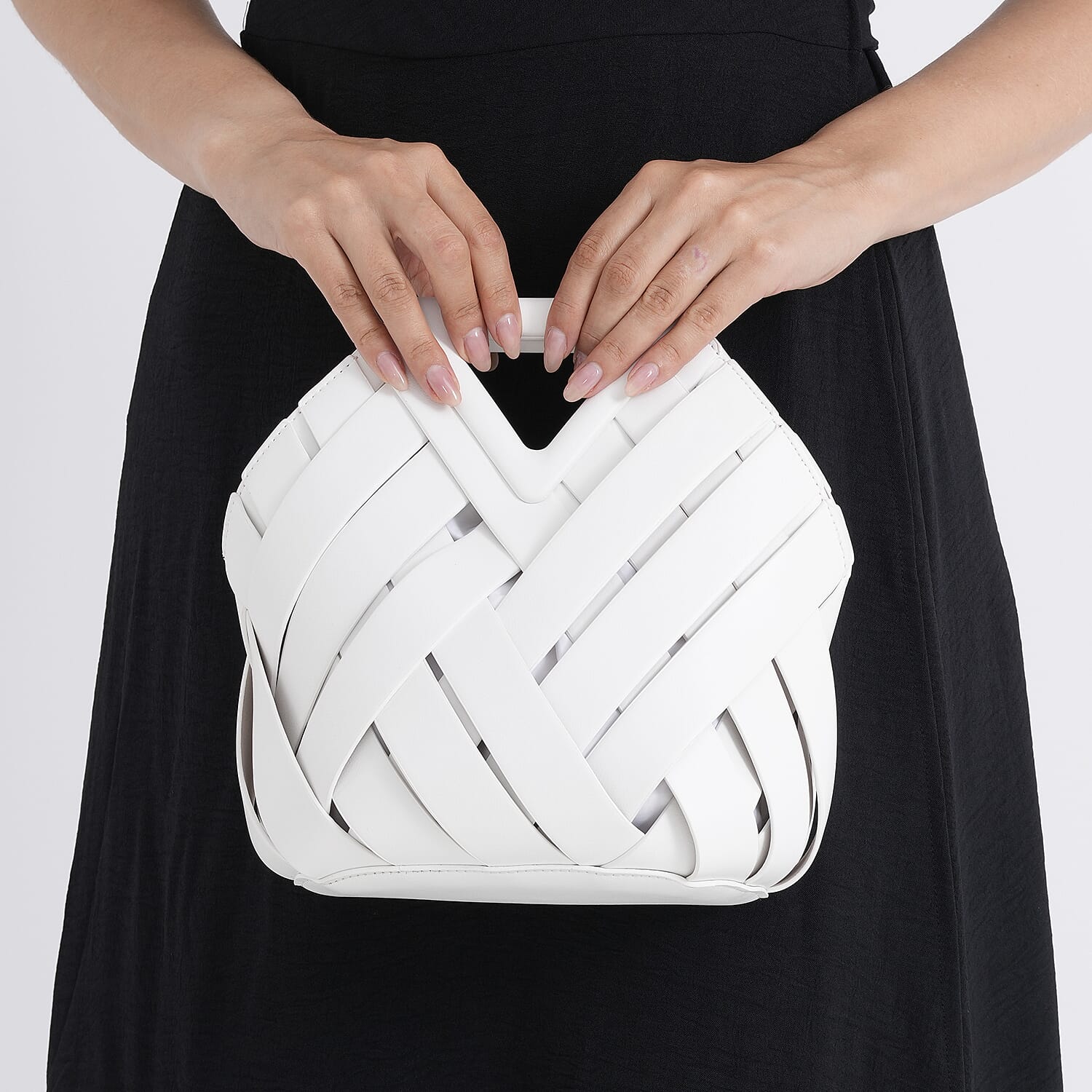 Designer Triangle Handle Clutch Handbag with Removable Pouch & Adjustable Shoulder Strap - White