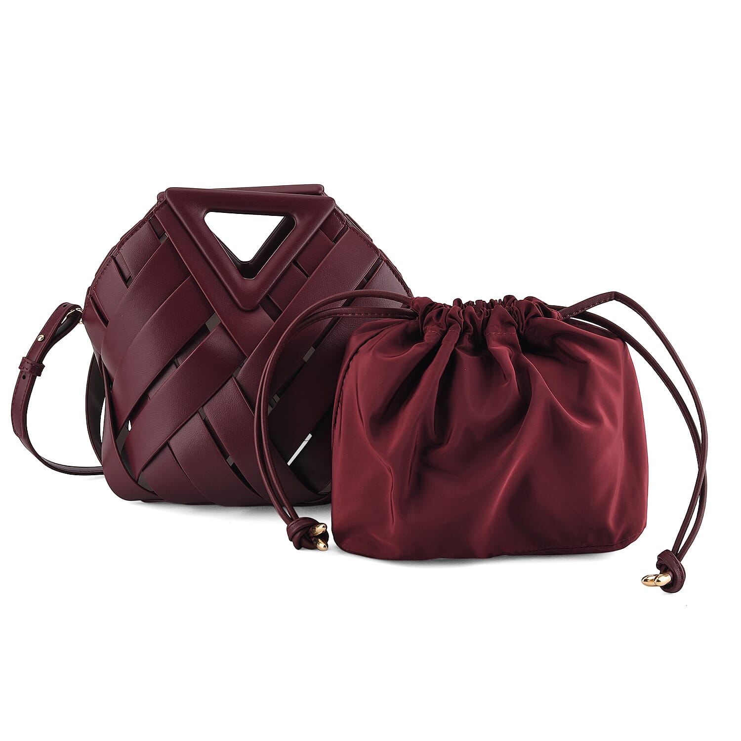 Designer Triangle Handle Clutch Handbag with Removable Pouch & Adjustable Shoulder Strap - Burgundy