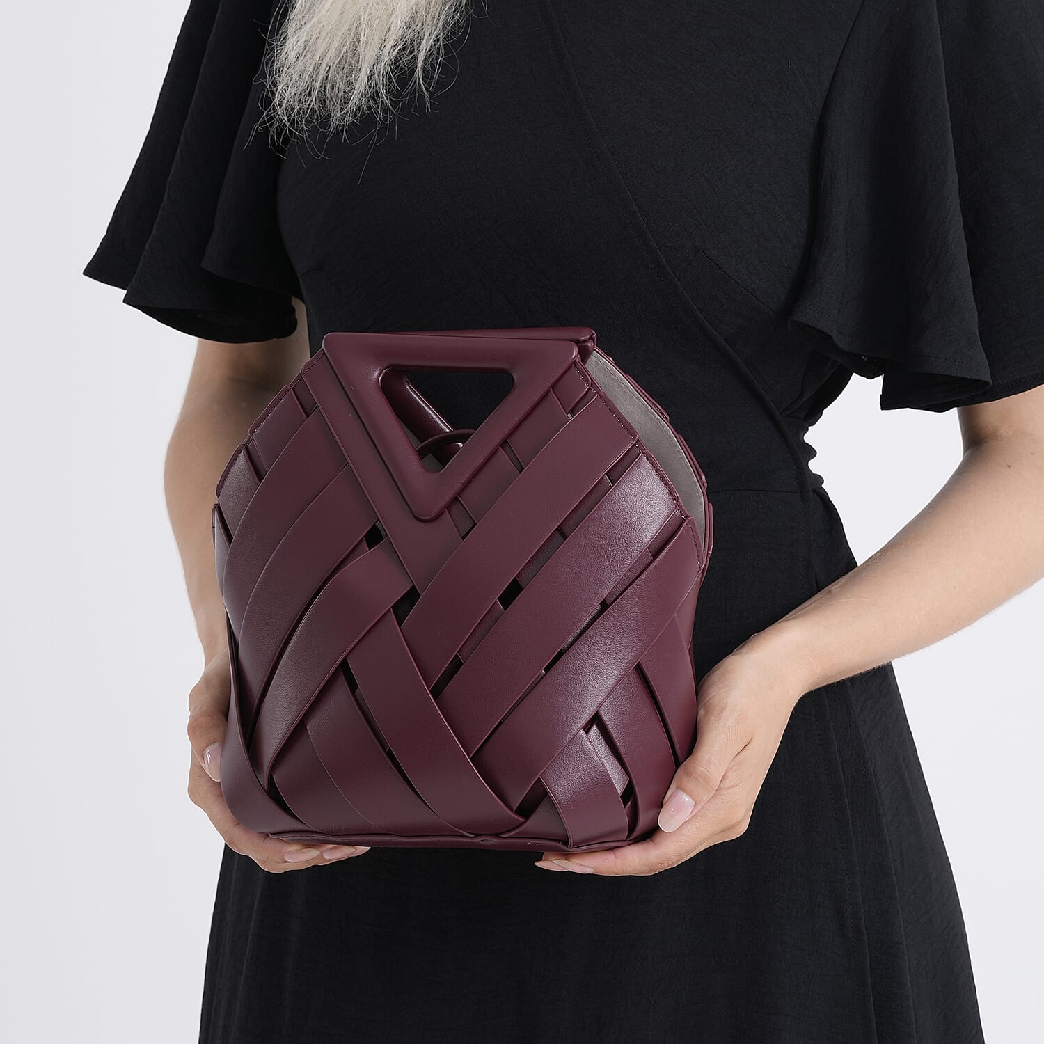 Designer Triangle Handle Clutch Handbag with Removable Pouch & Adjustable Shoulder Strap - Burgundy