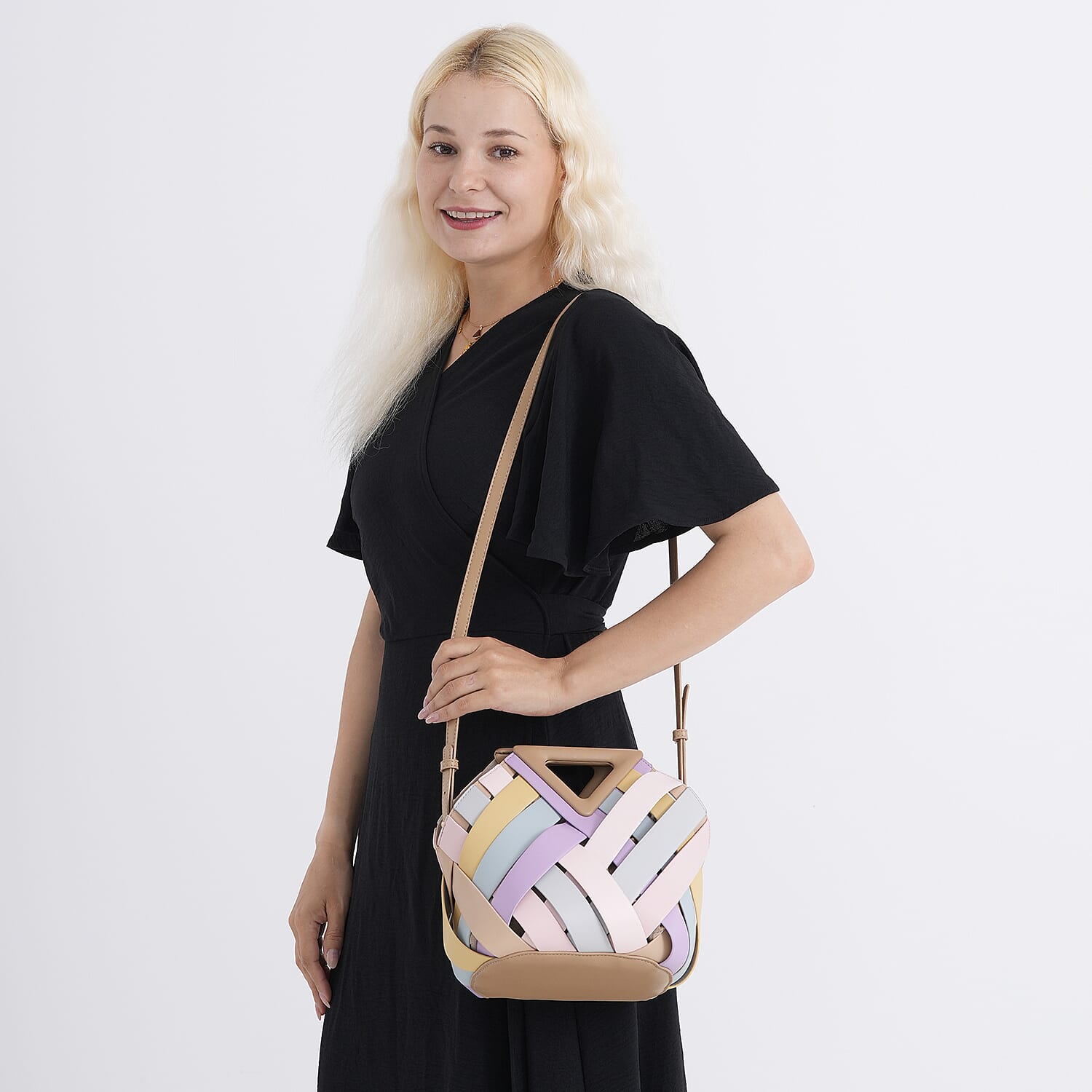 Designer Triangle Handle Clutch Handbag with Removable Pouch & Adjustable Shoulder Strap - Multi Colour