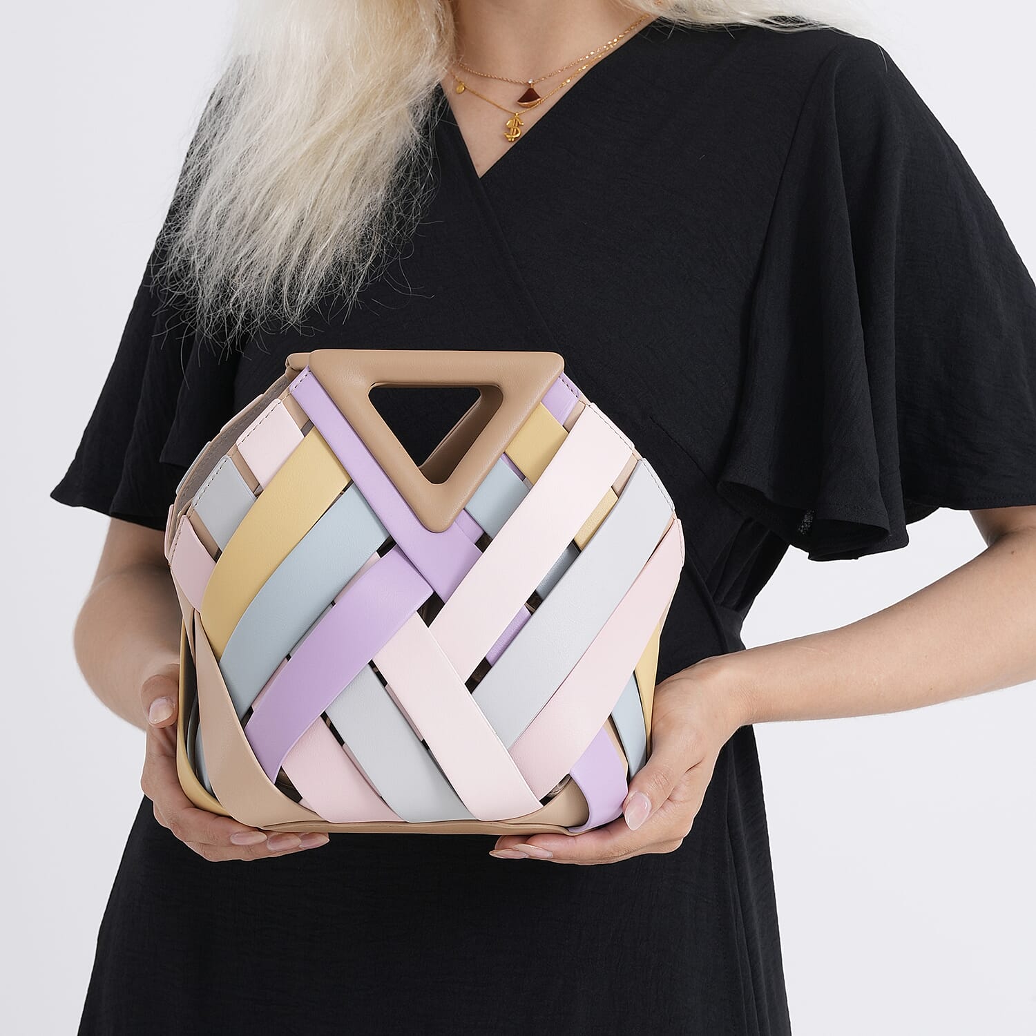 Designer Triangle Handle Clutch Handbag with Removable Pouch & Adjustable Shoulder Strap - Multi Colour