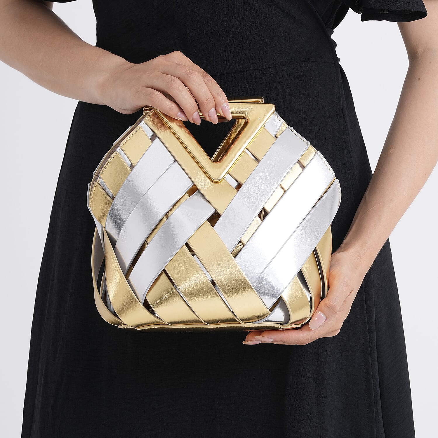 Lifestyle Premium Sleek Handbag with Adjustable Shoulder Strap - Silver Gold