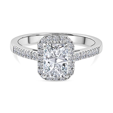 LUXURIANT 1.30 Ct. Lab Grown Diamond Emerald-Cut Halo Ring in Rhodium Overlay Sterling Silver SGL Certified (SI-G-H)