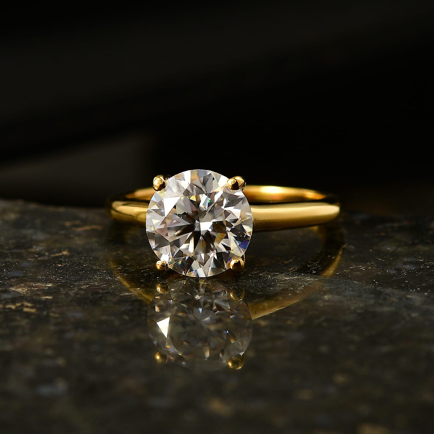 D'Joy Moissanite Solitaire Ring in 18K Vermeil Yellow Gold Plated Sterling Silver 2.09 Ct.