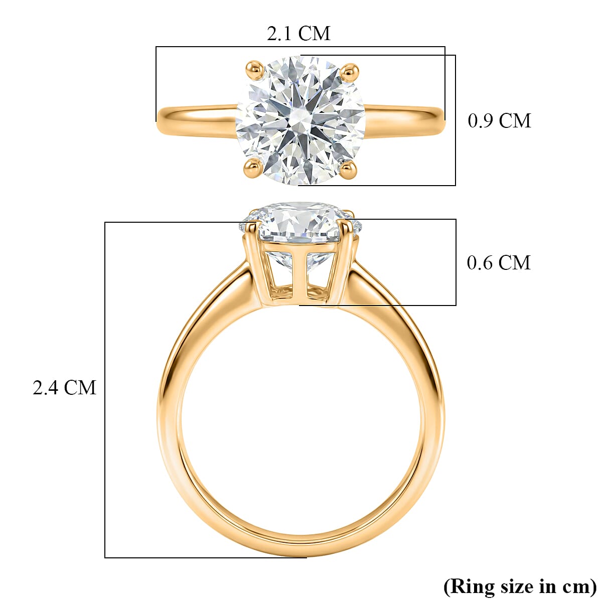 D'Joy Moissanite Solitaire Ring in 18K Vermeil Yellow Gold Plated Sterling Silver 2.22 Ct.