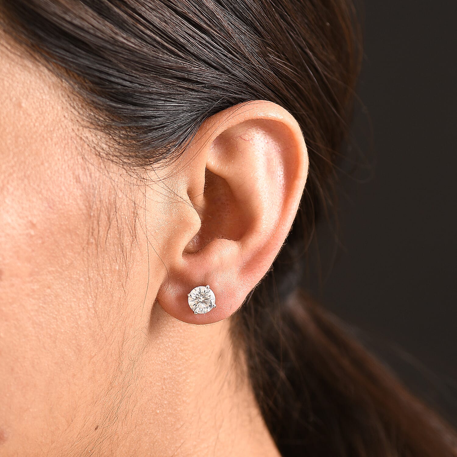 D'Joy Moissanite Solitaire Stud Push Post Earring in Rhodium Overlay Sterling Silver 2.00 Ct.