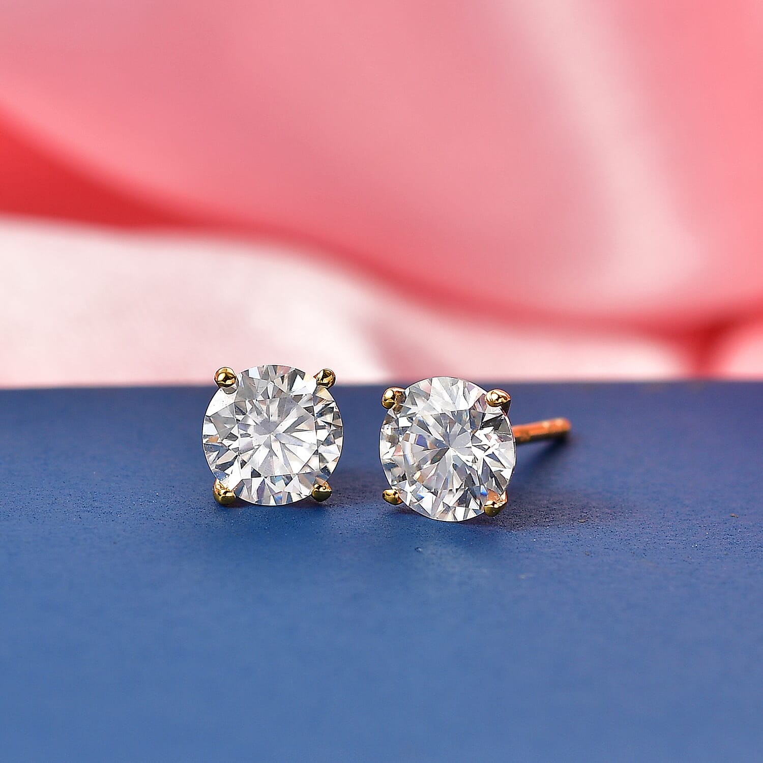 D'Joy Moissanite Solitaire Stud Push Post Earring in 18K Vermeil Yellow Gold Plated Sterling Silver 2.00 Ct.