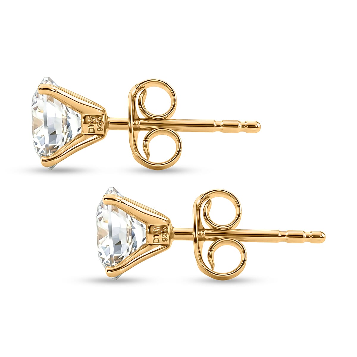 D'Joy Moissanite Solitaire Stud Push Post Earring in 18K Vermeil Yellow Gold Plated Sterling Silver 2.00 Ct.