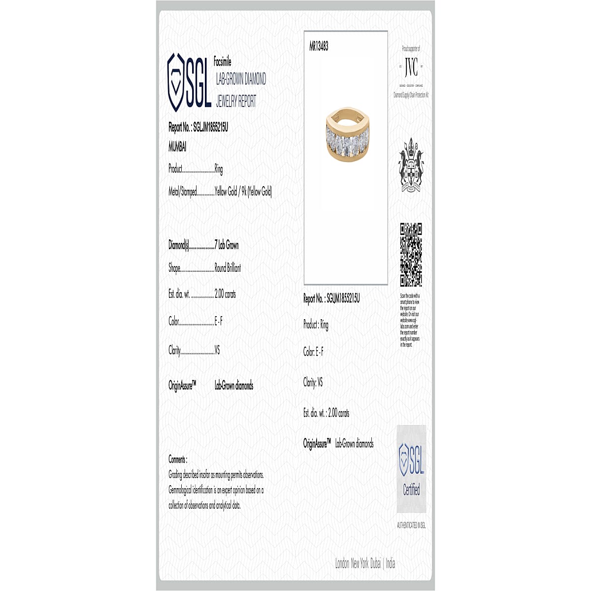 Luxuriant 9K Yellow Gold SGL Certified VS-EF Lab Grown Diamond Band Ring 2.00 Ct, Gold Wt. 3.60 Gms