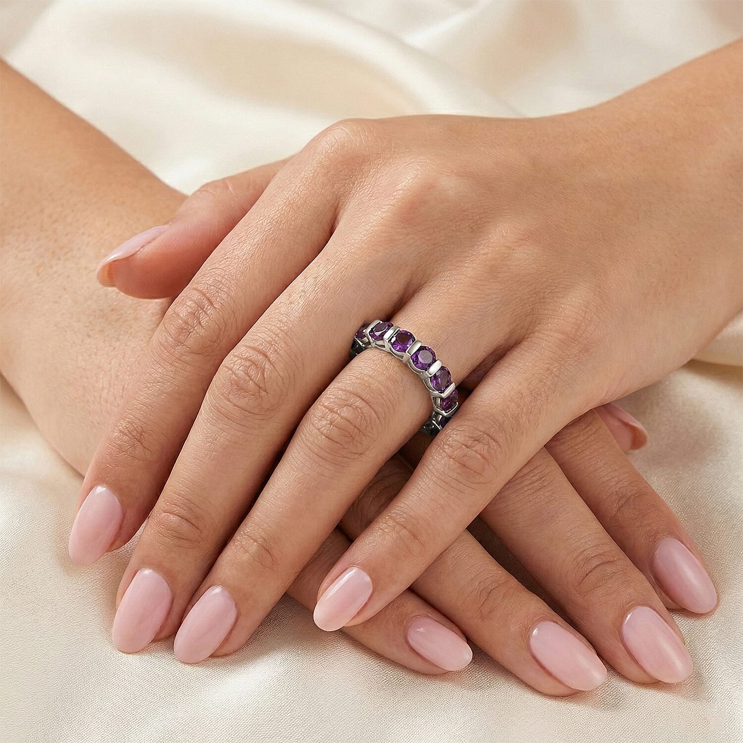 D'Joy AAA African Amethyst Band Ring in Platinum Overlay Sterling Silver 3.85 Ct.