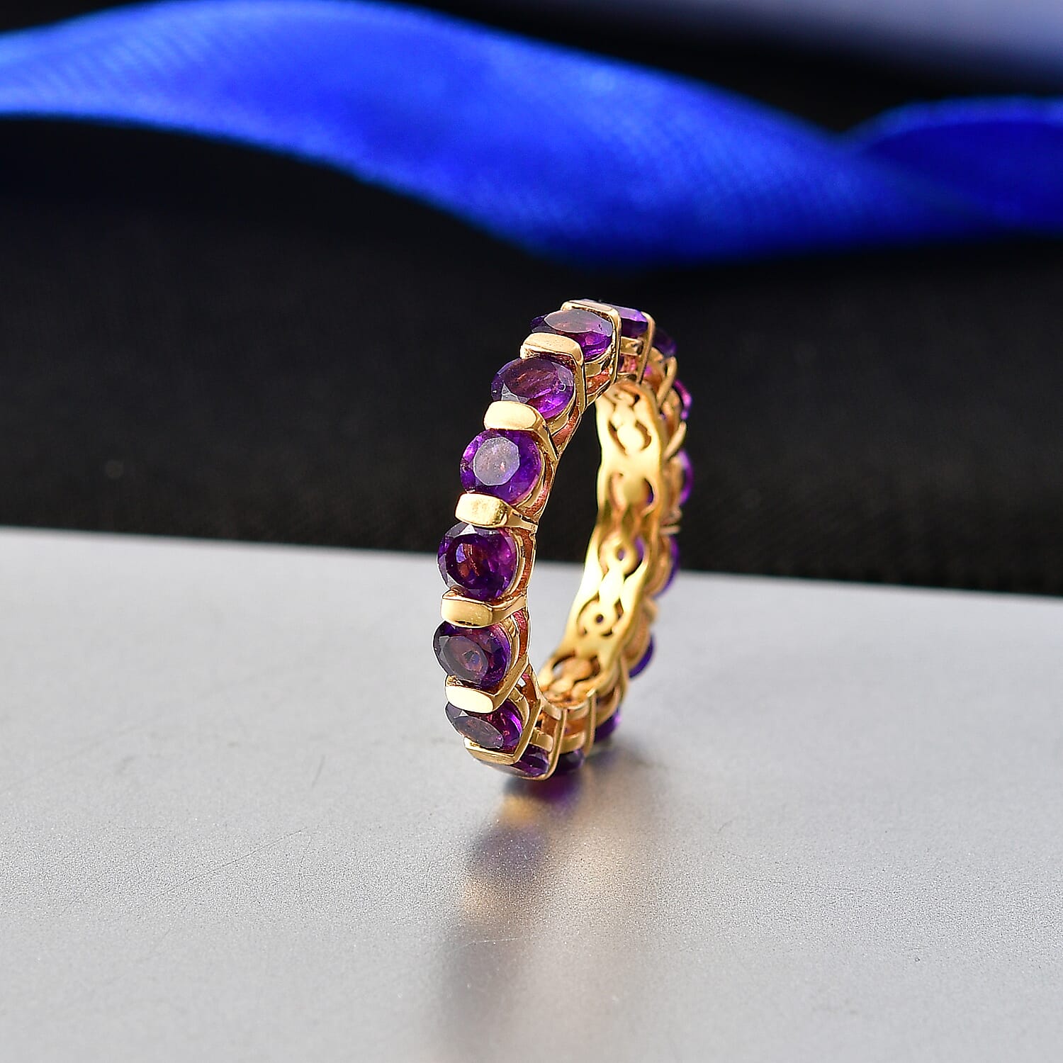 D'Joy AAA African Amethyst Band Ring in Yellow Gold Plated Sterling Silver 3.86 Ct.