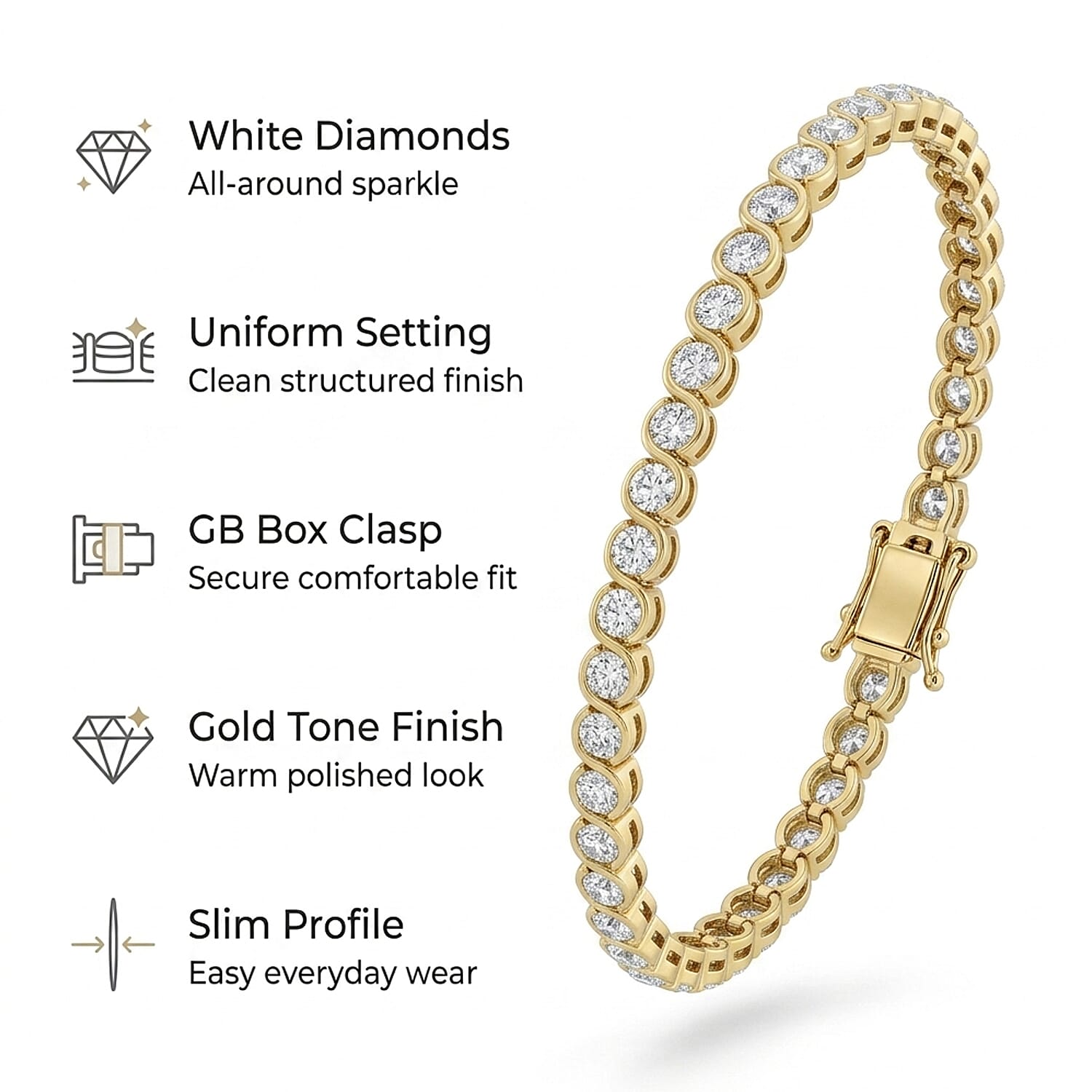 EverTrue - White Diamond Tennis Bracelet (Size - 7.5) with GB Lock Box in Yellow Gold Tone