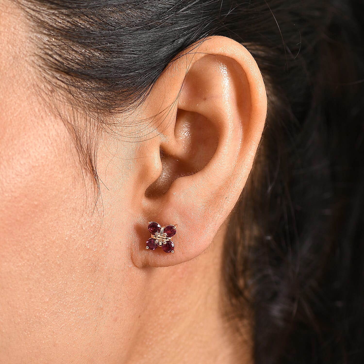 D'Joy Rhodolite Garnet Push Post Earring in Yellow Gold Plated Sterling Silver 1.21 Ct.