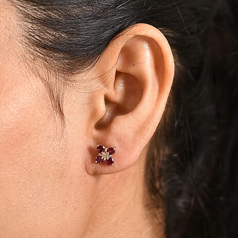 D'Joy Rhodolite Garnet Push Post Earring in Yellow Gold Plated Sterling Silver 1.21 Ct.